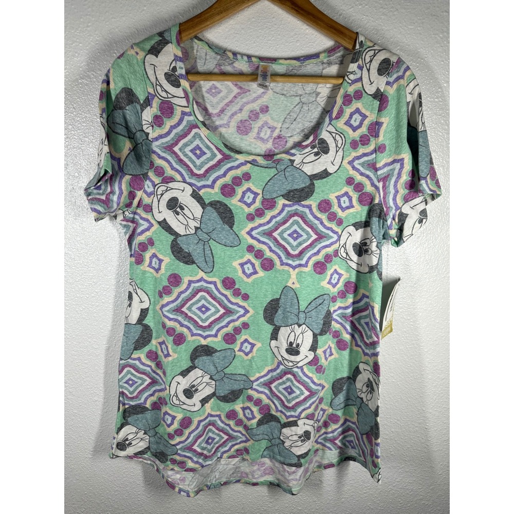LuLaRoe T-Shirt Womens L Green Minnie‎ Mouse Classic T Disney Geometric Print